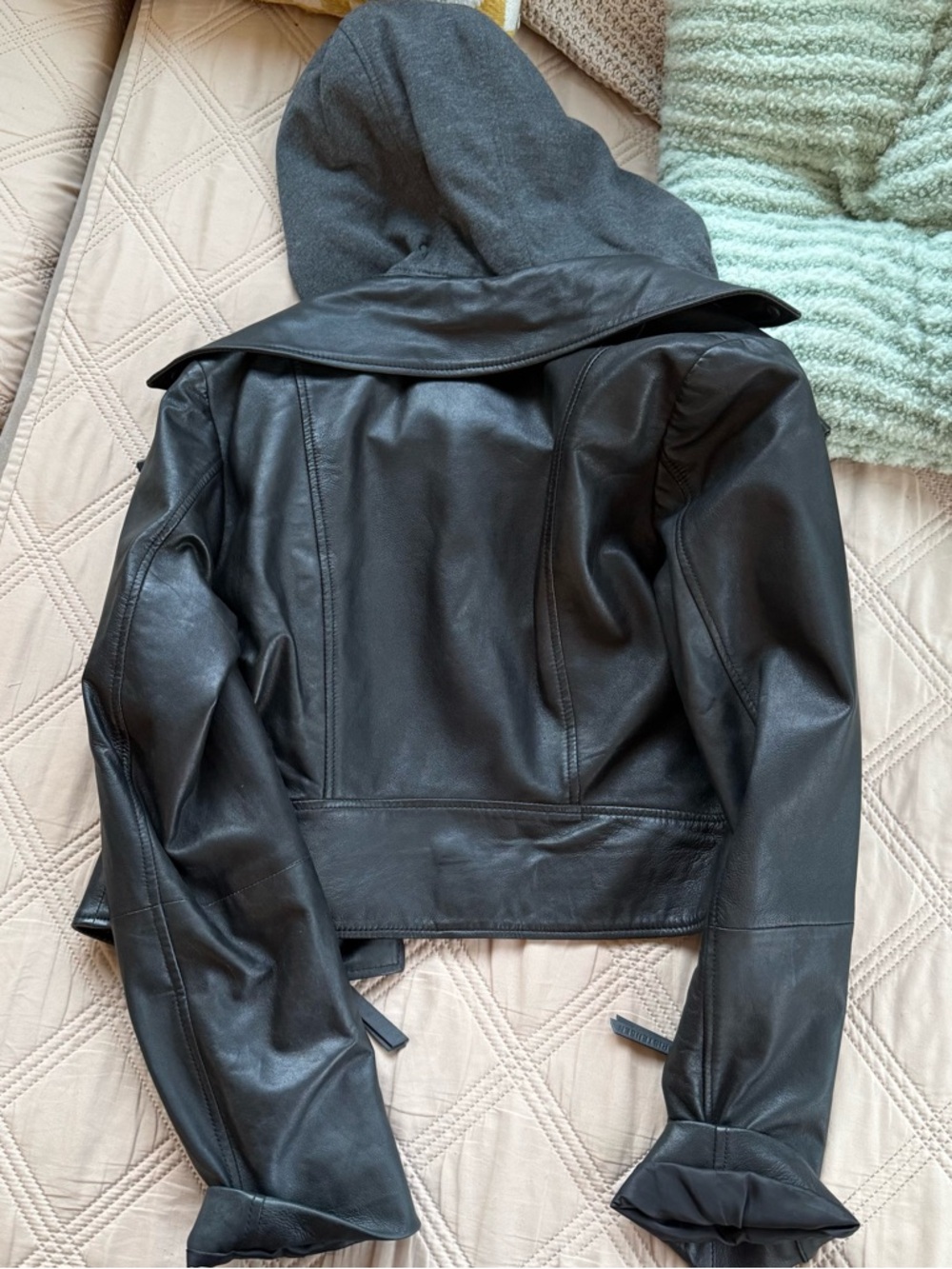 Women's Black Leather Hooded Asymmetrical Zip Jacket - Picture 6 of 6